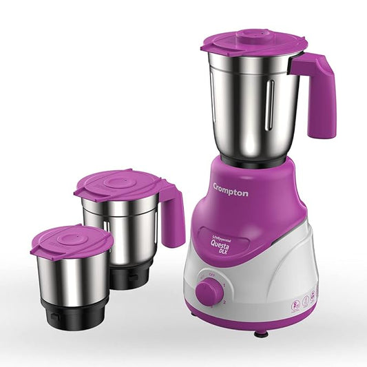 Purple and white Crompton mixer grinder with three detachable jars on a white background