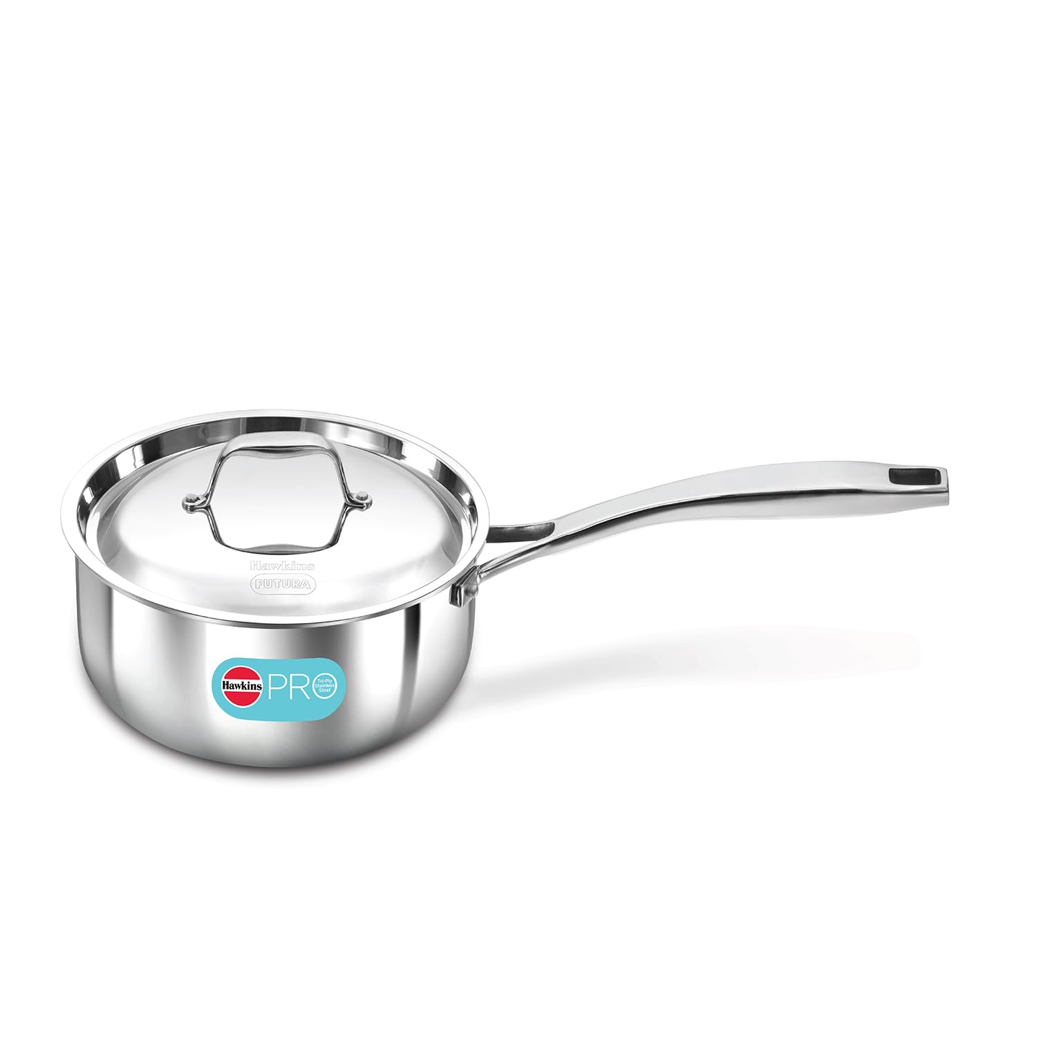 Stainless steel saucepan with lid on a white background
