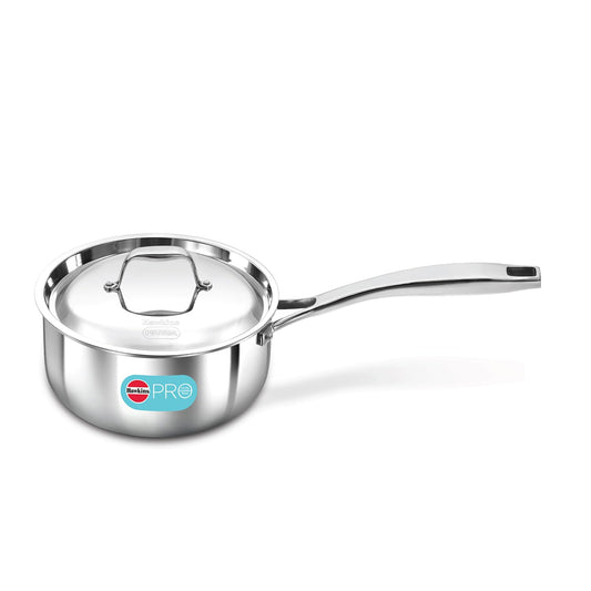 Stainless steel saucepan with lid on a white background