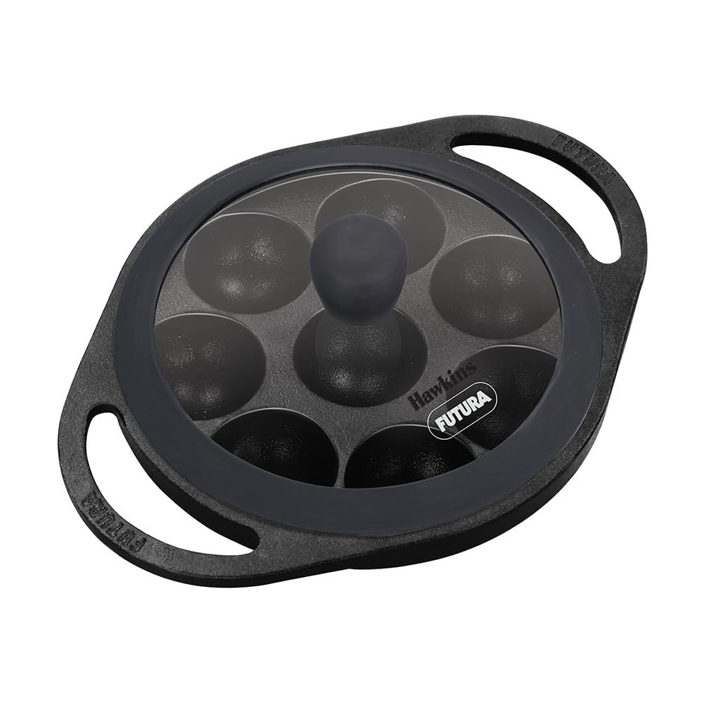 Hawkins Futura Cast Iron Appe Pan Pre-Seasoned Paniyaram Pan with Glass Lid, 8 Cups Kuzhi Paniyarakkal, Litti & Ponganalu Pan