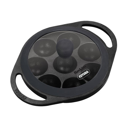 Hawkins Futura Cast Iron Appe Pan Pre-Seasoned Paniyaram Pan with Glass Lid, 8 Cups Kuzhi Paniyarakkal, Litti & Ponganalu Pan