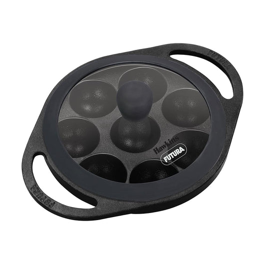 Hawkins Futura Cast Iron Appe Pan Pre-Seasoned Paniyaram Pan with Glass Lid, 8 Cups Kuzhi Paniyarakkal, Litti & Ponganalu Pan