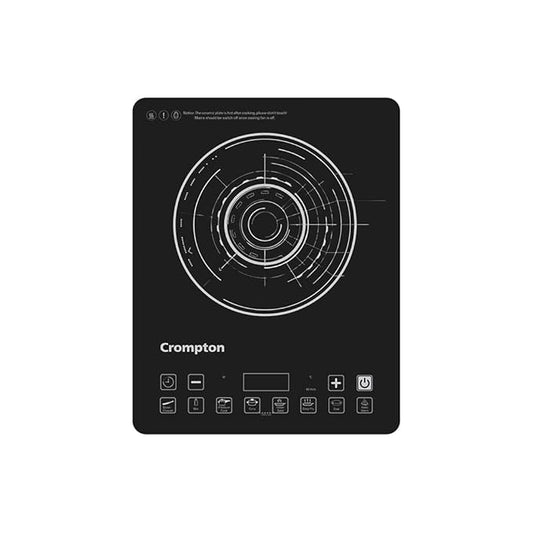 Black induction cooktop with Crompton branding on a white background
