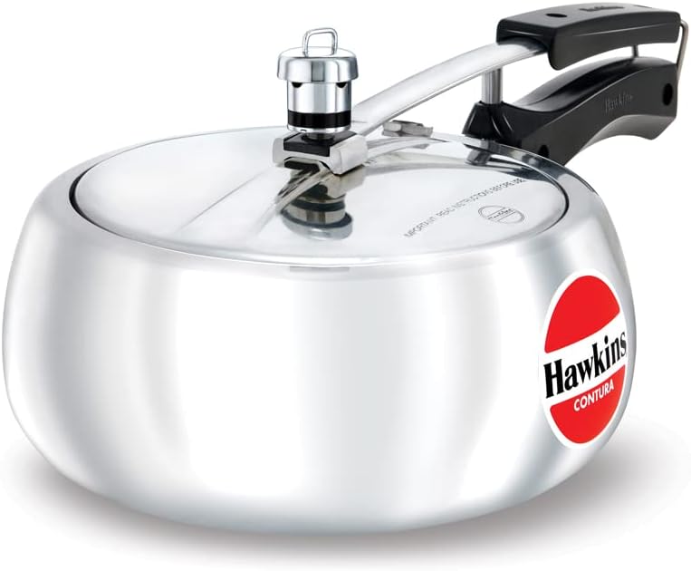Silver pressure cooker with a red Hawkins logo on a white background