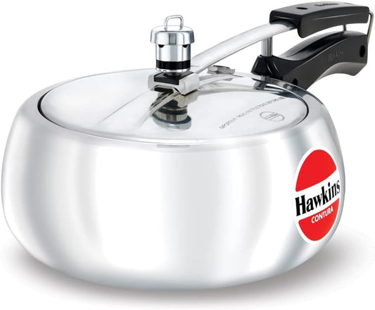 Silver pressure cooker with a red Hawkins logo on a white background