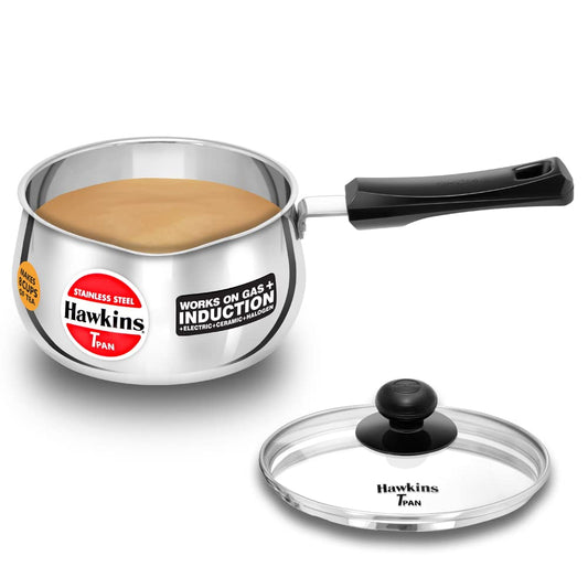 Hawkins Tpan  Stainless Steel Tea Pan with Glass Lid, Induction Sauce Pan, Non-Stick Chai Pan
