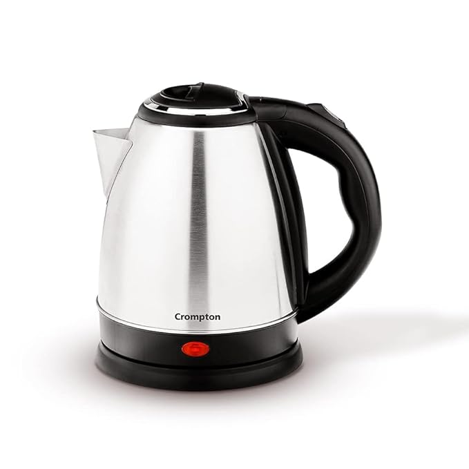 Stainless steel electric kettle with black handle on a white background, brand 'Crompton' visible.