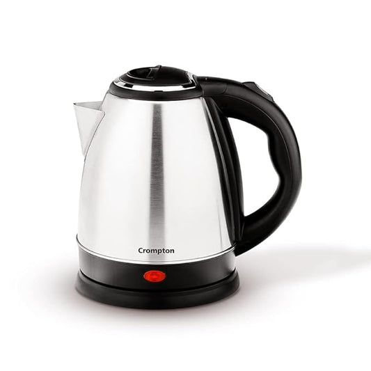 Stainless steel electric kettle with black handle on a white background, brand 'Crompton' visible.