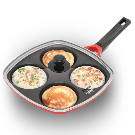 Hawkins Die-Cast Multi Snack Pan Nonstick Mini Uttapam Tawa, Pancake Pan with Glass Lid