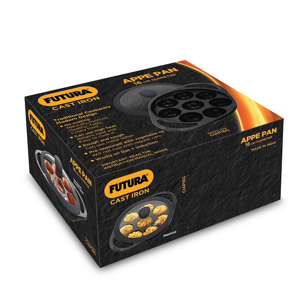 Hawkins Futura Cast Iron Appe Pan Pre-Seasoned Paniyaram Pan with Glass Lid, 8 Cups Kuzhi Paniyarakkal, Litti & Ponganalu Pan