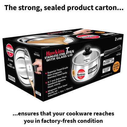 Hawkins Tpan  Stainless Steel Tea Pan with Glass Lid, Induction Sauce Pan, Non-Stick Chai Pan