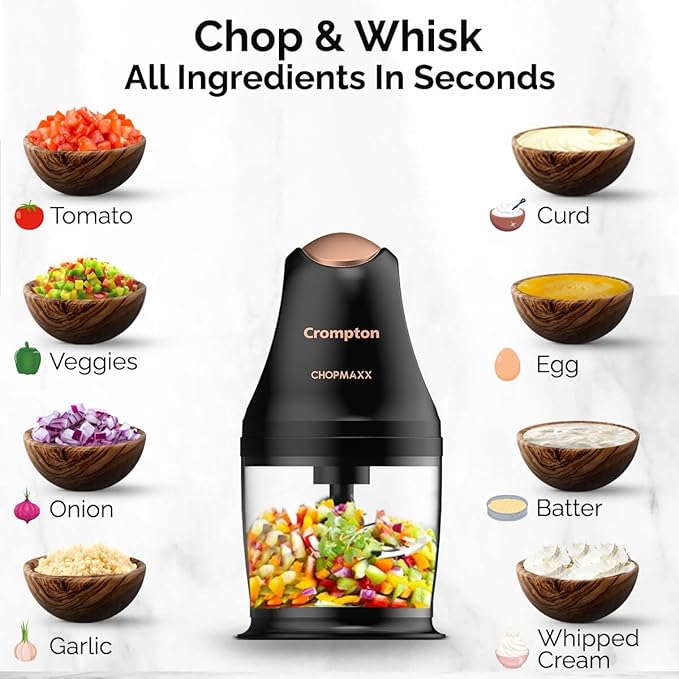 Crompton Chopmaxx food chopper with ingredients displayed around it on a white background