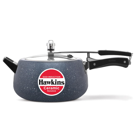 Pressure cooker with Hawkins brand logo on a white background