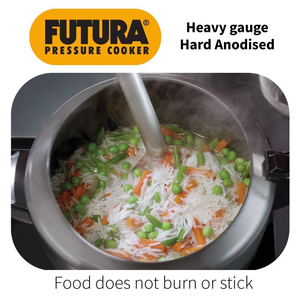 Futura pressure cooker with food inside, showing no sticking or burning.