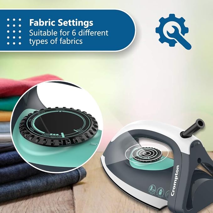 Cromton iron with fabric settings suitable for six different types of fabrics on a gradient background.