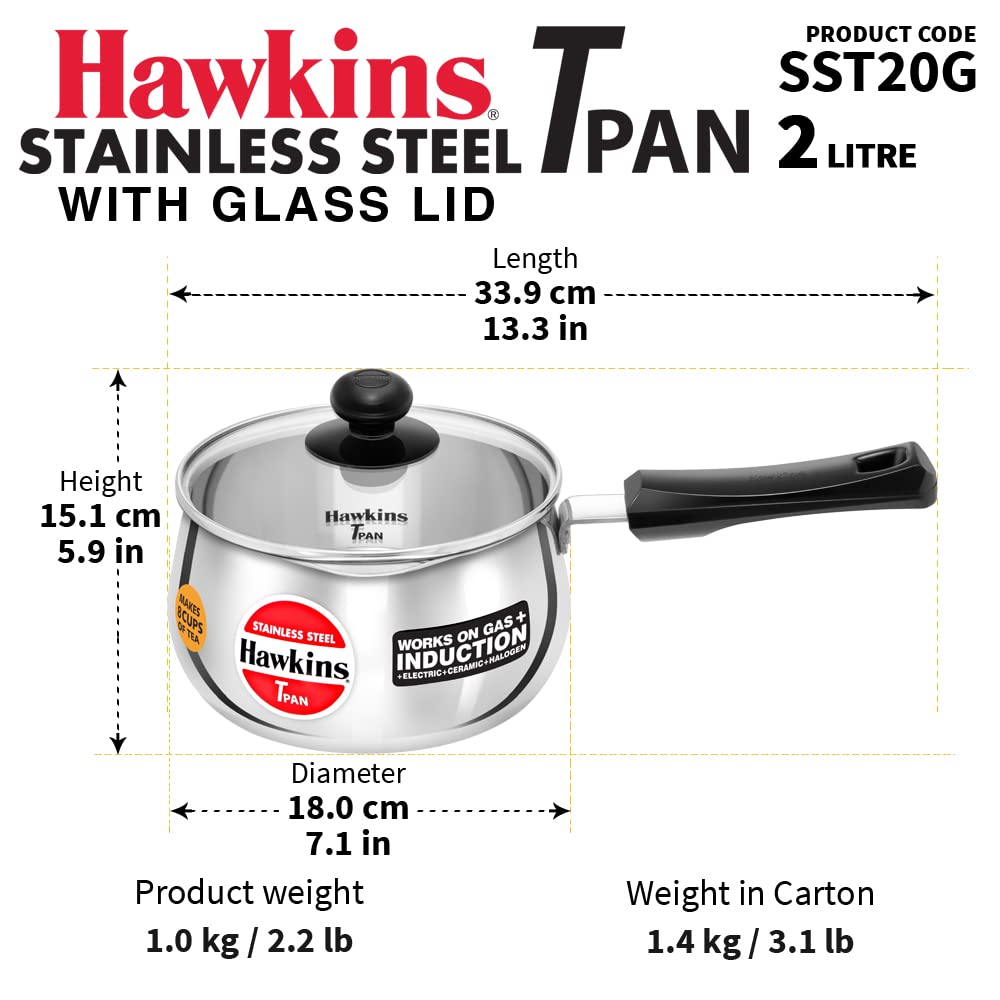 Hawkins Tpan  Stainless Steel Tea Pan with Glass Lid, Induction Sauce Pan, Non-Stick Chai Pan