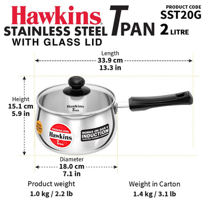 Hawkins Tpan  Stainless Steel Tea Pan with Glass Lid, Induction Sauce Pan, Non-Stick Chai Pan