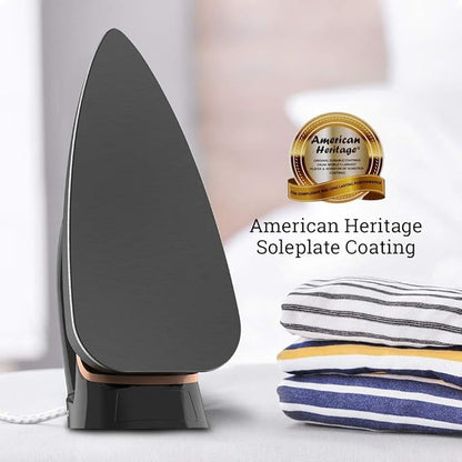 Black iron with American Heritage Soleplate Coating logo on a white background