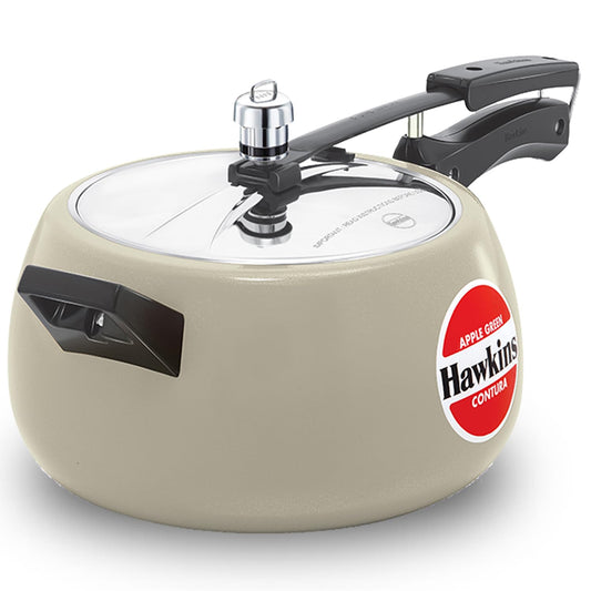 Beige pressure cooker with a red and white label on a white background