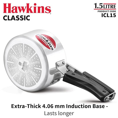 Hawkins Classic pressure cooker with text highlighting features on a white background