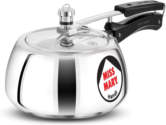 Silver pressure cooker with 'Miss Mary' branding on a white background