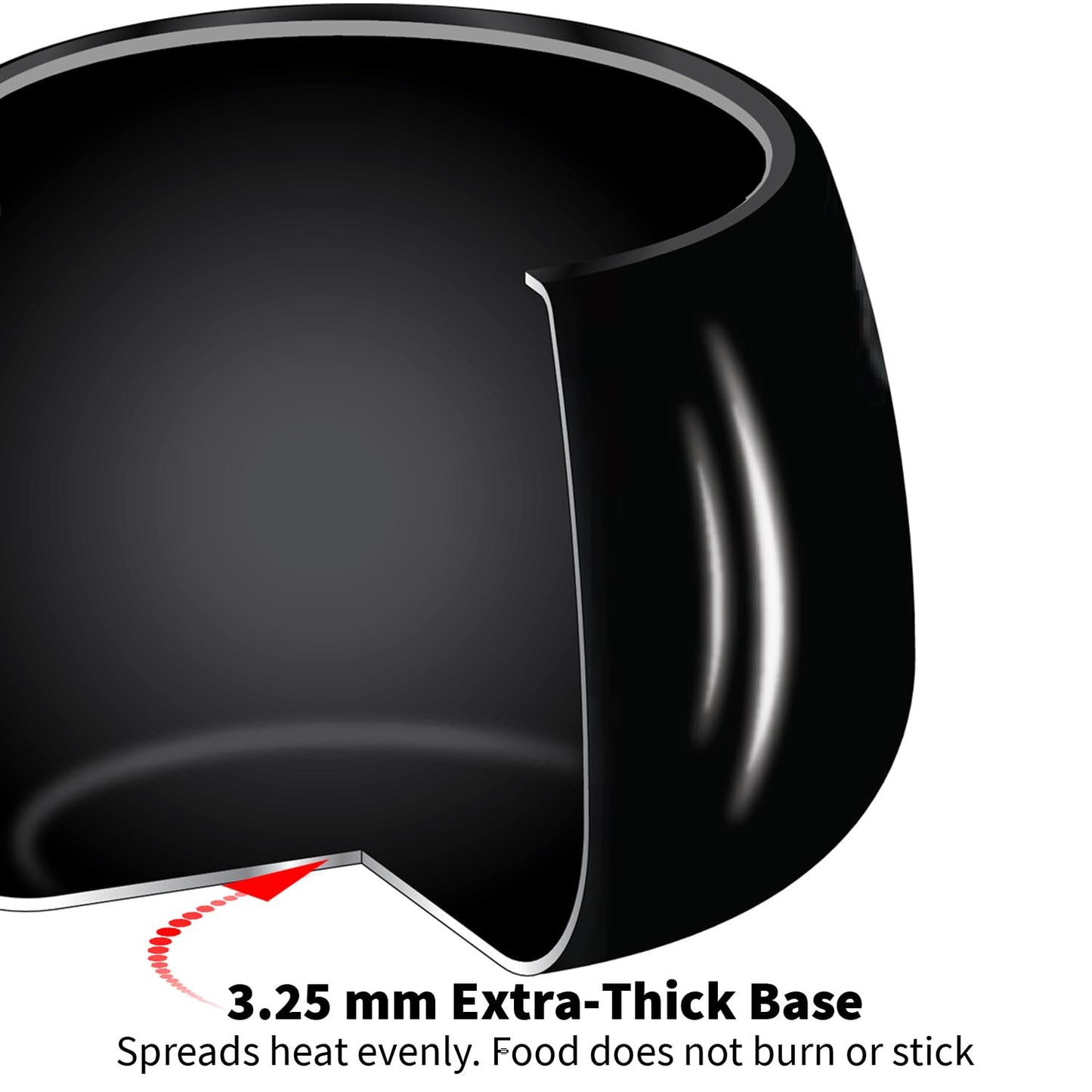 Black frying pan with a 3.25 mm thick base on a white background