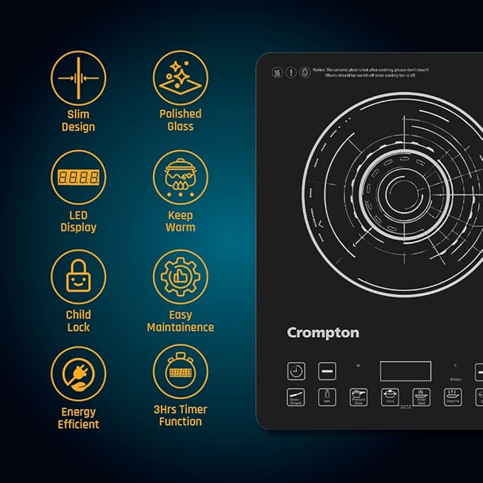 Crompton induction cooktop with features listed on a dark background