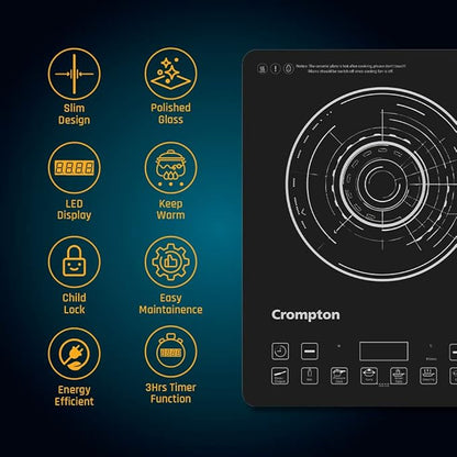 Crompton induction cooktop with features listed on a dark background