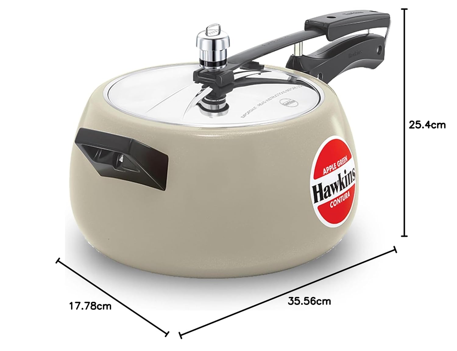 Beige pressure cooker with Hawkins branding and dimensions displayed