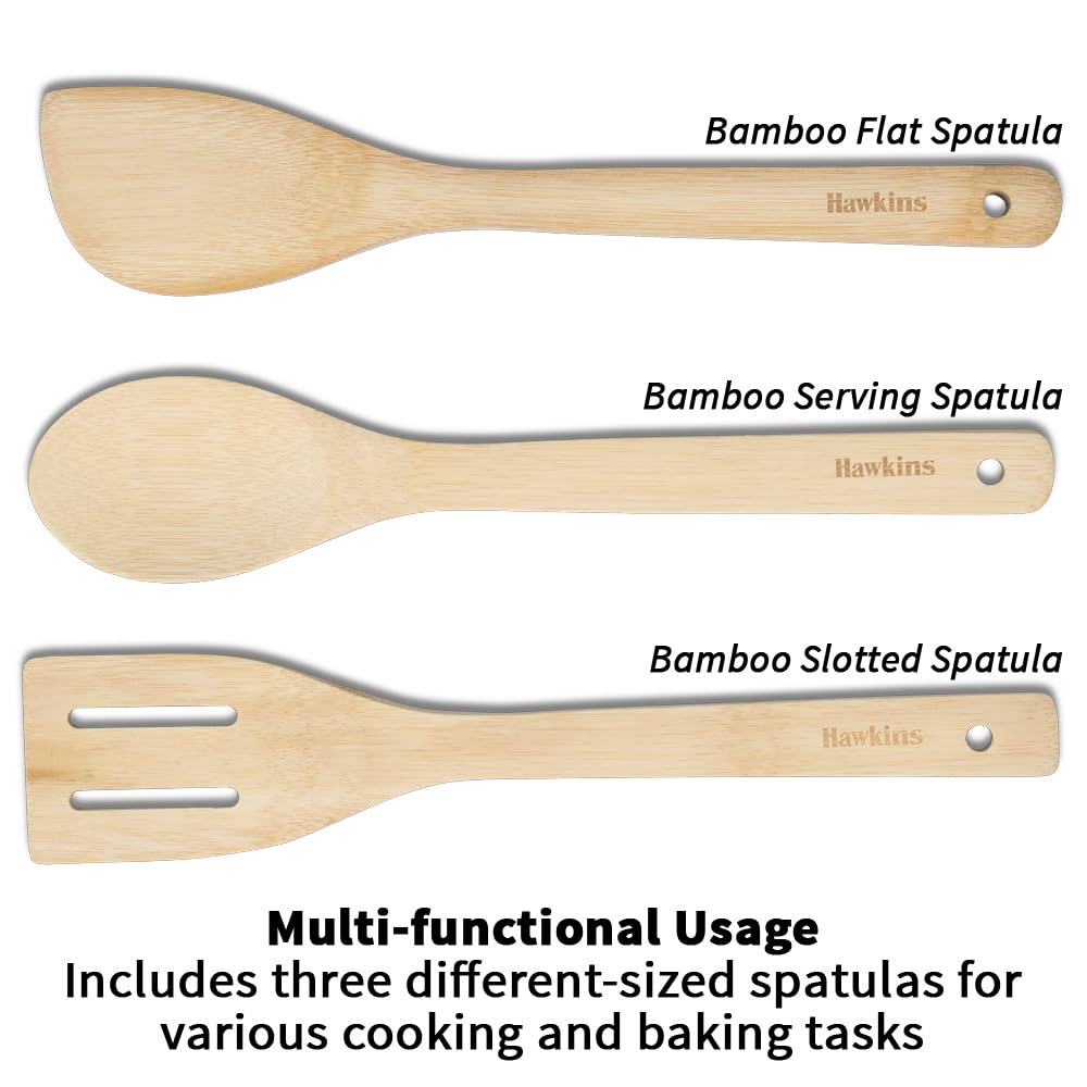 Hawkins Bamboo Spatula Set of 3 Natural Handmade Bamboo Kitchen Tools, Ladles, Turners, Flippers, Scrapers & Servers for Nonstick Cookware