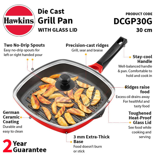 Hawkins Grill Pan Non Stick Die-Cast Grilling Pan with Glass Lid, Ceramic Coated Square Roast Pan for Gas Stove