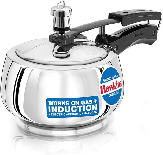Stainless steel pressure cooker with Hawkins branding on a white background