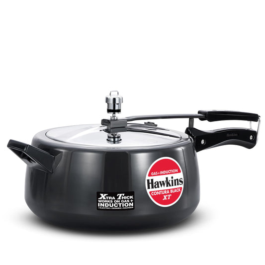 Black pressure cooker with Hawkins branding on a white background