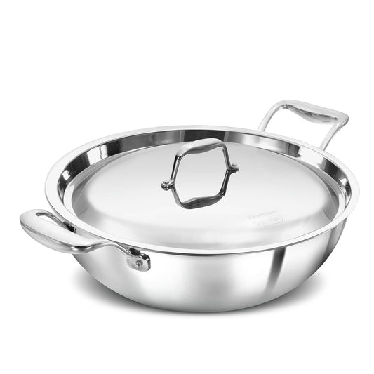 Stainless steel frying pan with lid on a white background
