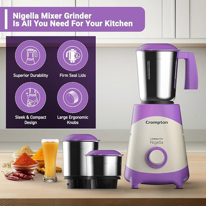 Purple Crompton Nigella mixer grinder with attachments on a kitchen counter, featuring product benefits on a purple panel.