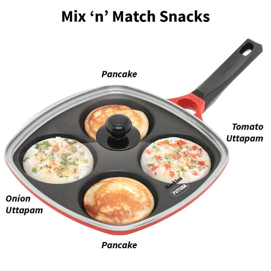 Hawkins Die-Cast Multi Snack Pan Nonstick Mini Uttapam Tawa, Pancake Pan with Glass Lid