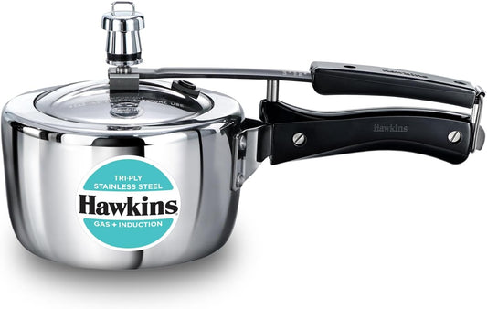 Hawkins stainless steel pressure cooker on a white background