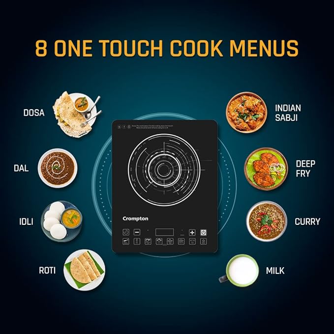 Crompton induction cooktop with 8 one-touch cooking menus displayed on a dark background