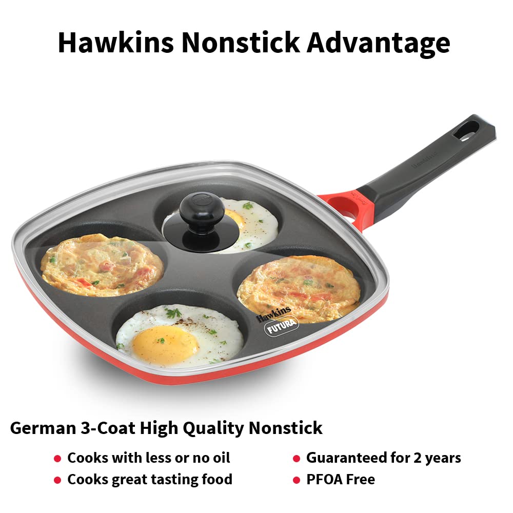 Hawkins Die-Cast Multi Snack Pan Nonstick Mini Uttapam Tawa, Pancake Pan with Glass Lid