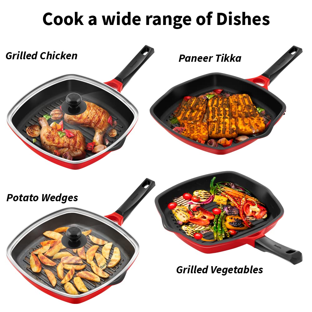 Hawkins Grill Pan Non Stick Die-Cast Grilling Pan with Glass Lid, Ceramic Coated Square Roast Pan for Gas Stove