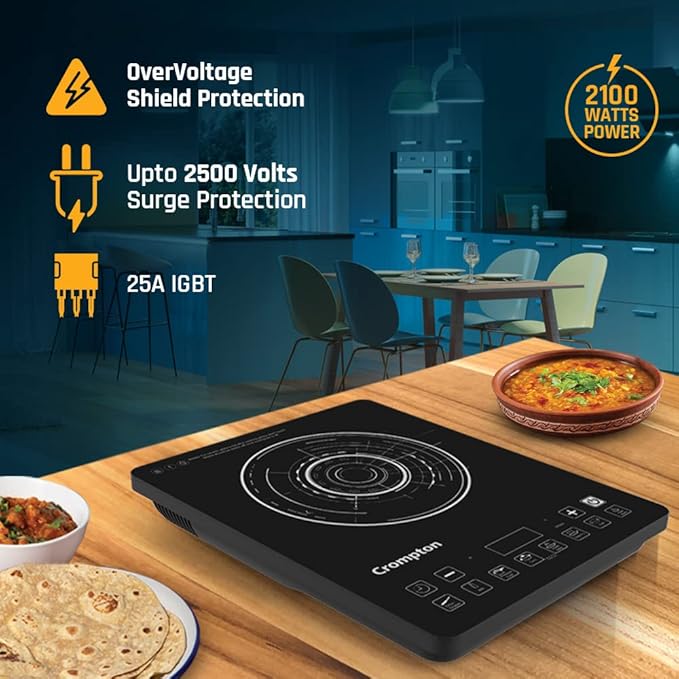 Induction cooktop with safety features and power rating displayed, set against a kitchen background.