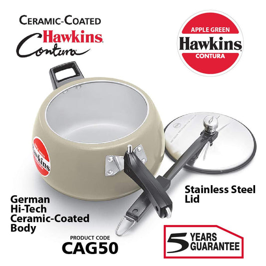 Ceramic-coated Hawkins Contura pot with lid on a white background