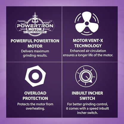 Powertron Motor features with icons and text on a purple background