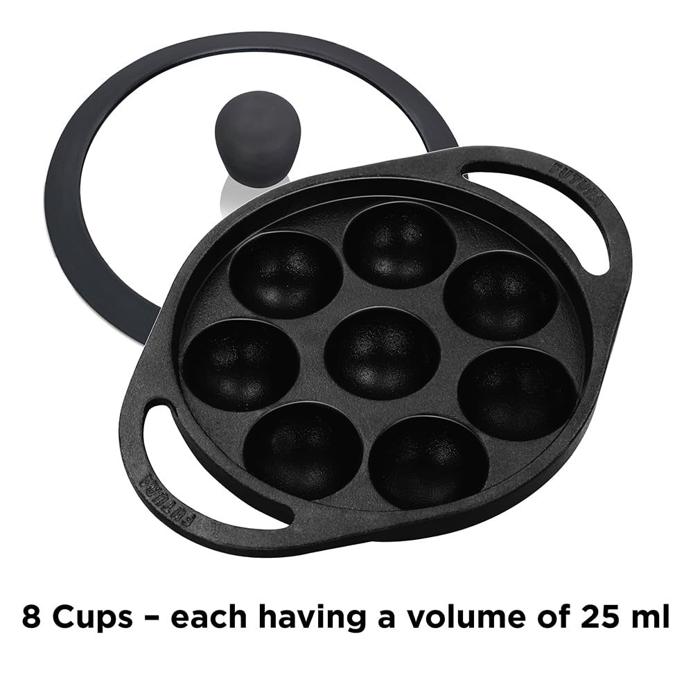 Hawkins Futura Cast Iron Appe Pan Pre-Seasoned Paniyaram Pan with Glass Lid, 8 Cups Kuzhi Paniyarakkal, Litti & Ponganalu Pan