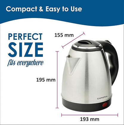 Crompton electric kettle with dimensions labeled on a white background