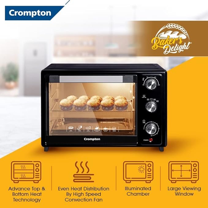 Crompton toaster oven with baking muffins inside on a yellow background