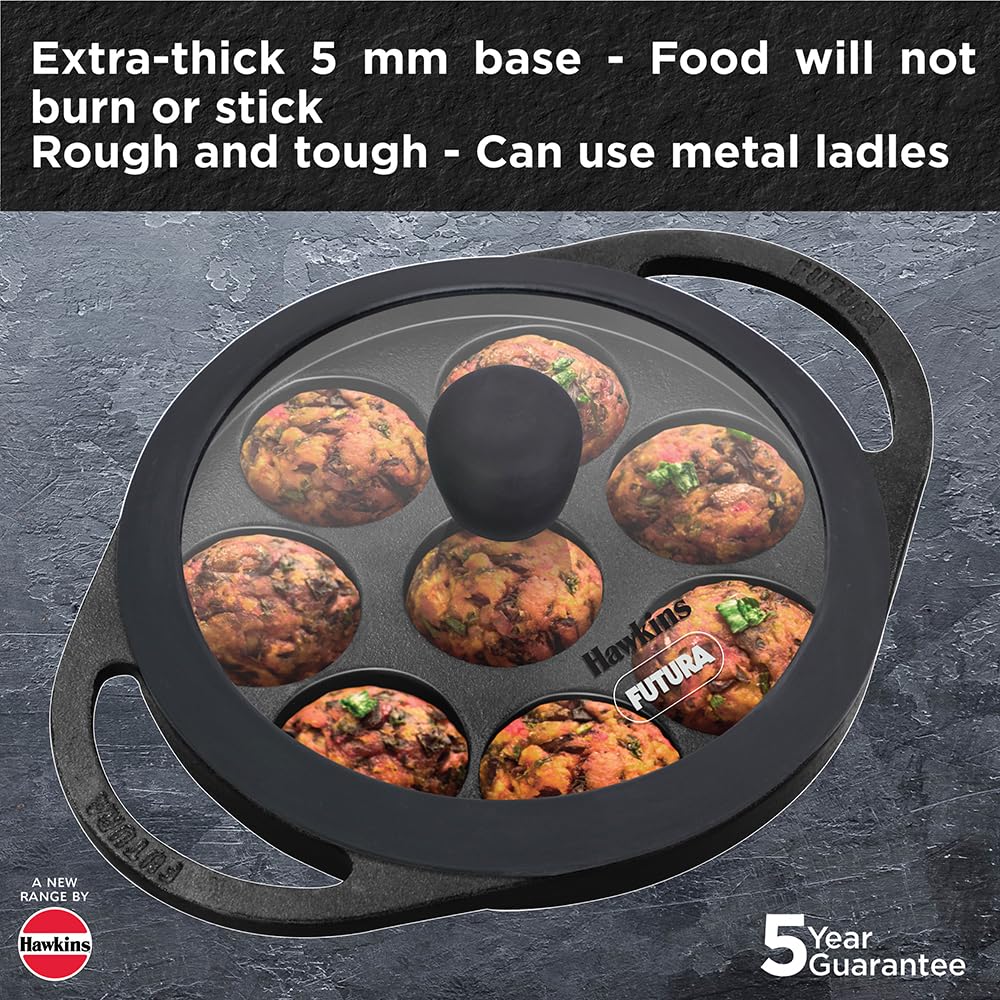 Hawkins Futura Cast Iron Appe Pan Pre-Seasoned Paniyaram Pan with Glass Lid, 8 Cups Kuzhi Paniyarakkal, Litti & Ponganalu Pan