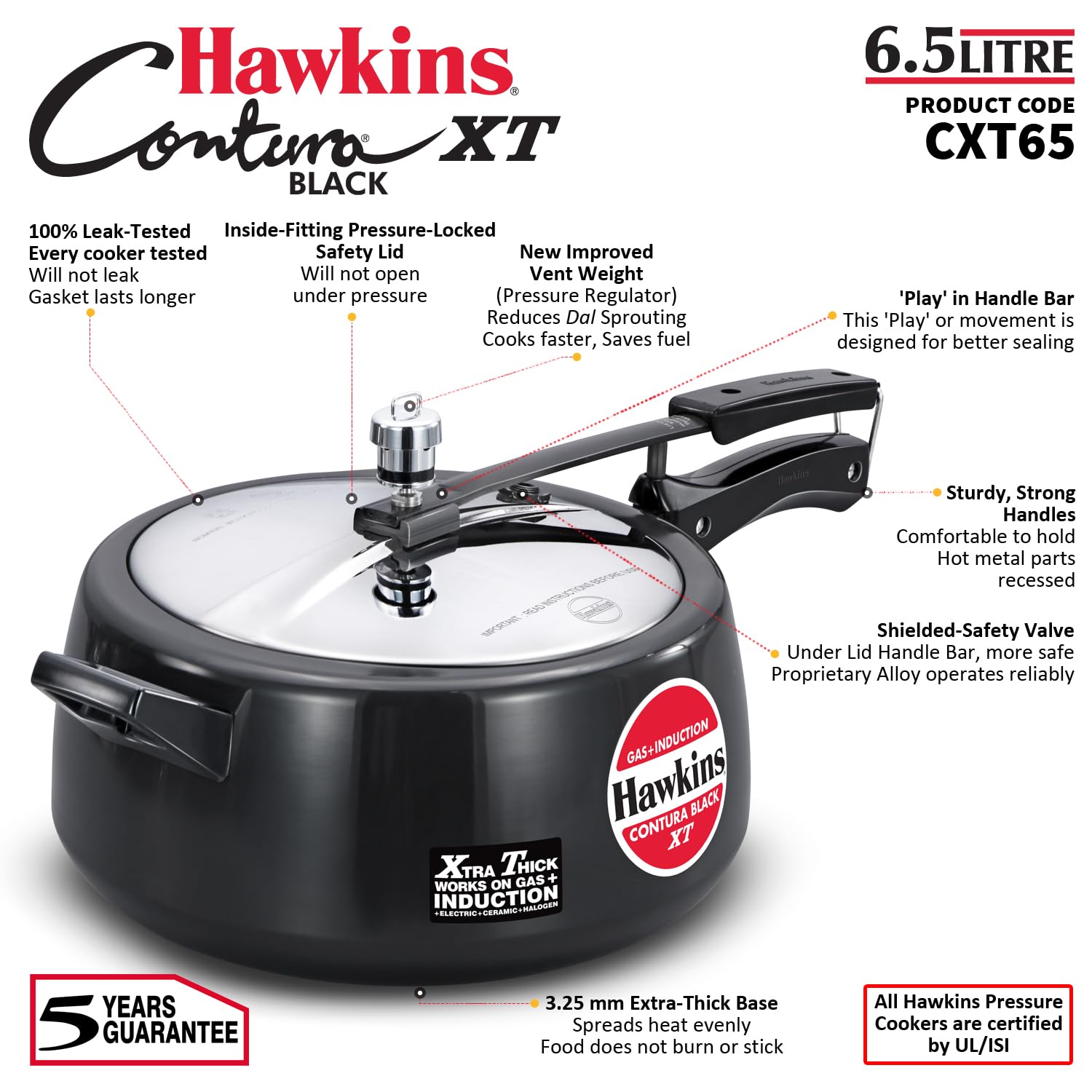6.5 Litre Hawkins Contura XT pressure cooker with features highlighted