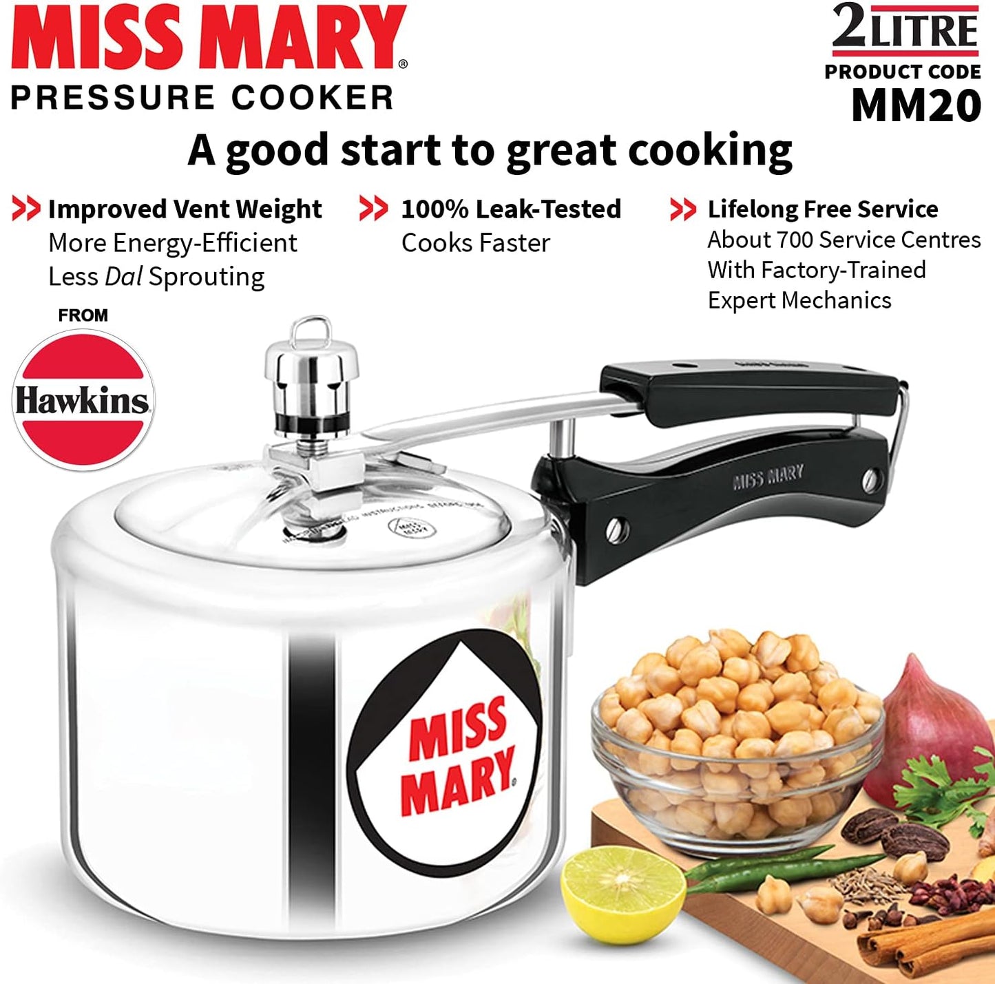 2 Litre Miss Mary pressure cooker with ingredients on a white background