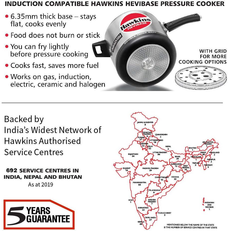Hawkins Hevibase pressure cooker with features listed and a map of India showing service centers.